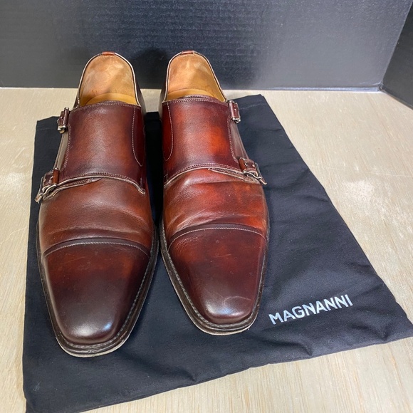 Magnanni Size 9 Silvio Red Brown Leather Double Monk Strap With Travel Bag - Picture 4 of 12